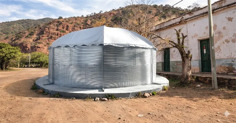 Tanque modular de acero galvanizado instalado junto a una vivienda rural