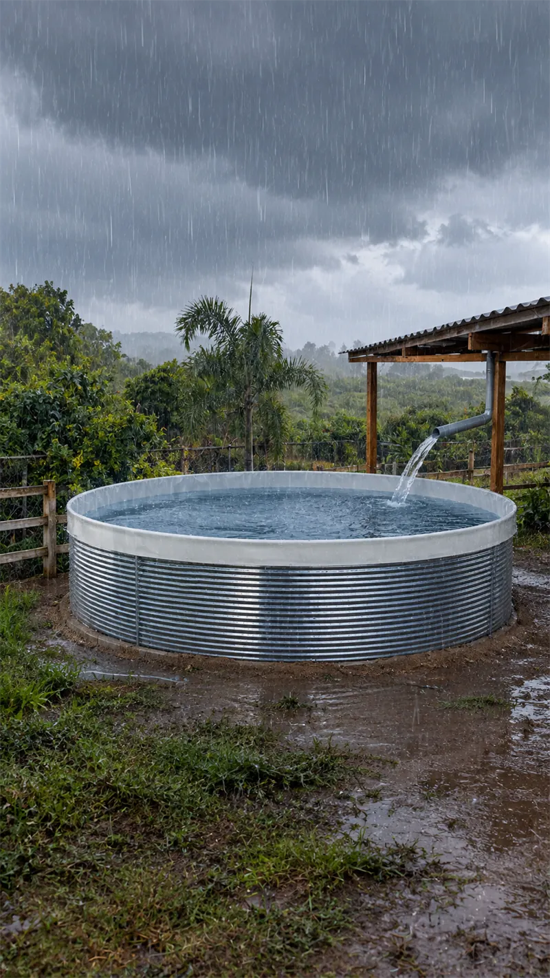 Tanque captando agua de lluvia en una zona rural