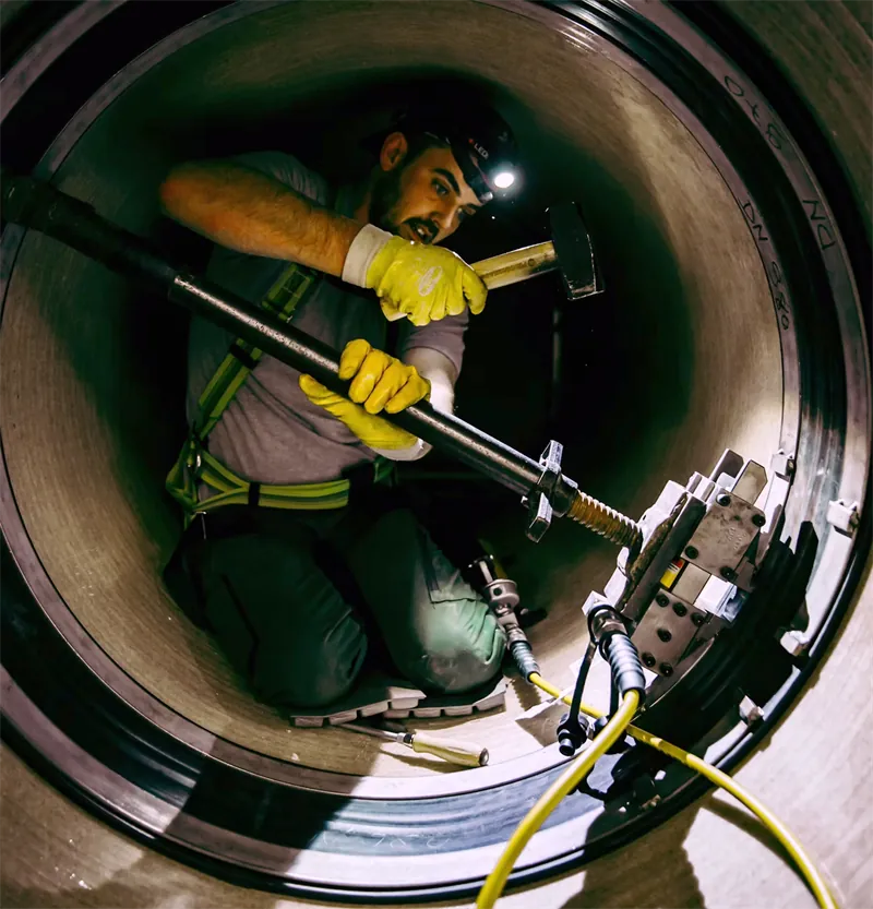 Técnico instalando un sello mecánico dentro de una tubería